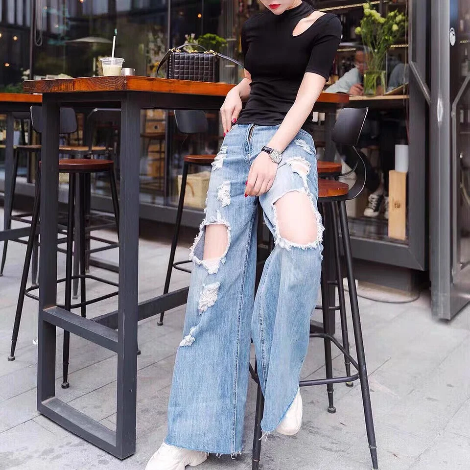 summer wear high waist and wide leg jeans with holes for women