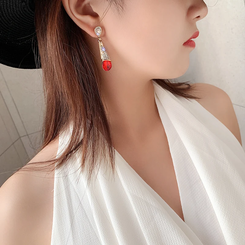 DREJEW синие красные циркониевые Стразы эффектные Висячие серьги корейские длинные