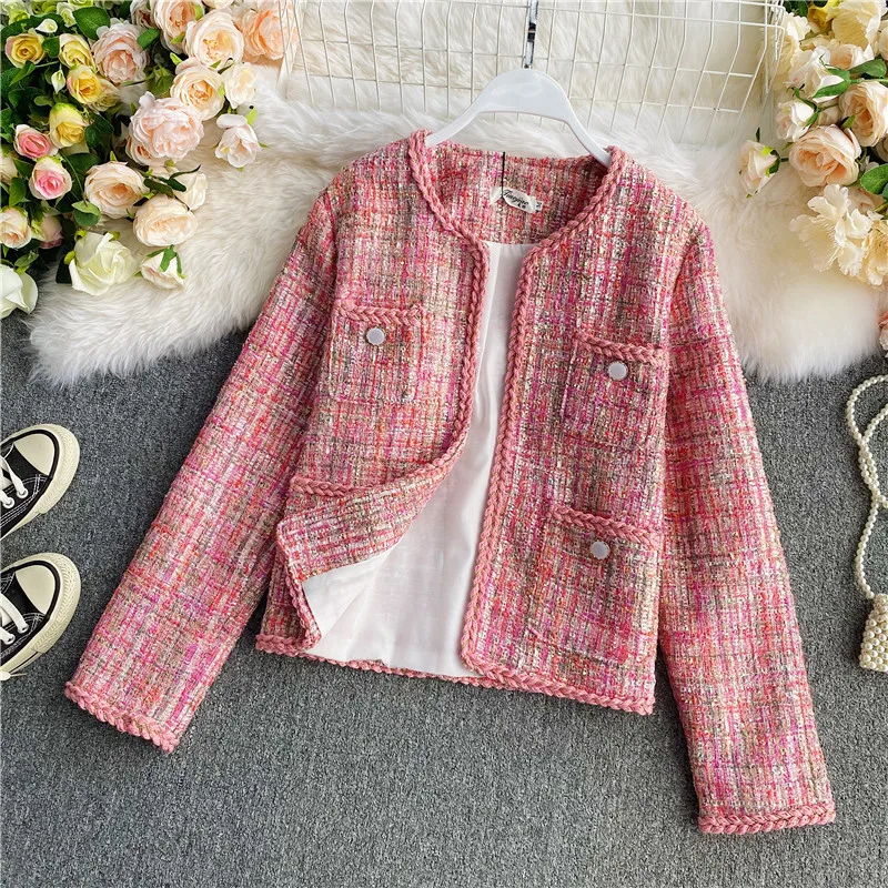 

YIZZHOY Autumn Winter New Girls' Tweed Foreign Style French Retro Small Fragrant Clothes Short Coat Women's Versatile Jacket