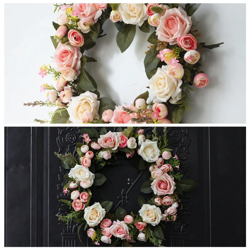 

Artificial Rose Flower Wreath Fake Floral Rattan Garland with Green Leaves for Front Door Window Wall Wedding Party Decor