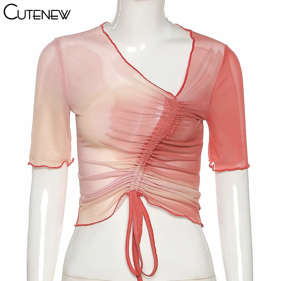 

Cutenew Y2K Tie Dye Short Sleeve Tshirt Women Chic See-Through Drawstring Basic Streetwear 2021Casual Harajuku Stacked Crop Top