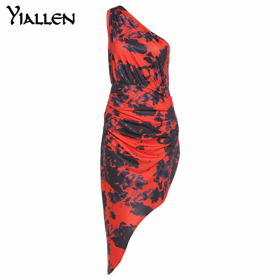 

Yiallen Shoulder Sexy Bodycon Ruched Midi Tank Dress Women Fashion Summer Holiday Irregular Dresses Outfits Streetwear 2021