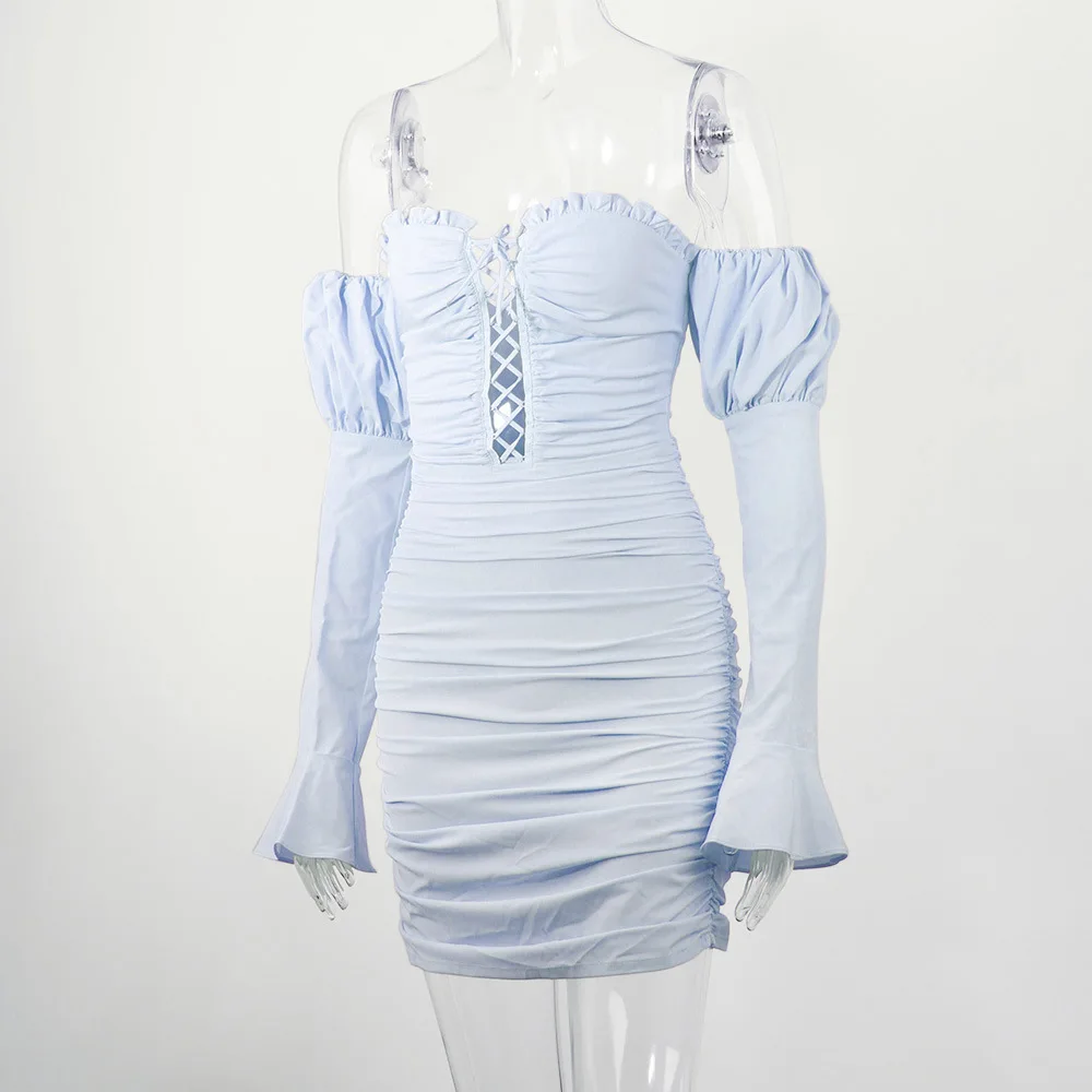 

2020 New Women Fashion European And American Mesh Low Chest Sexy Temperament Package Hip Long Sleeve Pleated Dress Mini Skirt