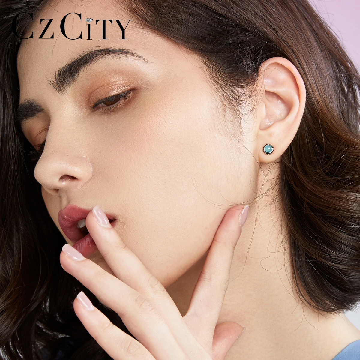 CZCITY серьги-гвоздики из чистого 925 пробы серебра для женщин, хорошее ювелирное изделие, круглые бирюзовые серьги Joyeria Fina Para Mujer SE0422