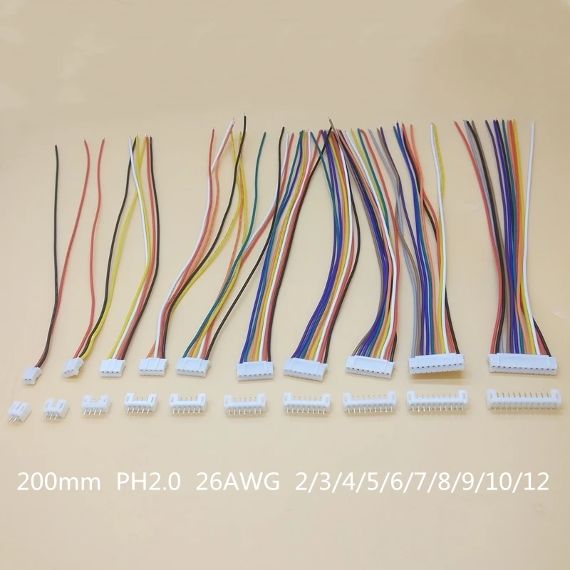 20 комплектов PH 2 0 мм JST 2/3/4/5/6/7/8/9/10/12P штырьковый женский провод прямая вилка L:200