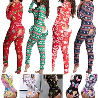 sexy christmas pajama for women new year jumpsuit button down front back butt bum open ass flap jumpsuit xmas print loungewear