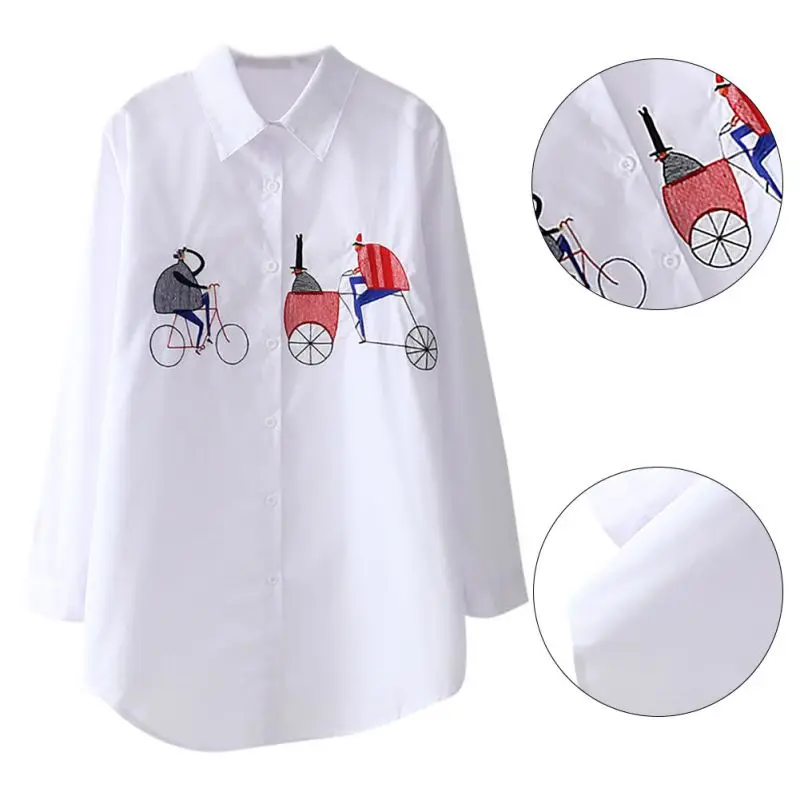 

Women White Shirt Button Up Turn Down Collar Long Sleeve Cotton Blouse Embroidery Feminina