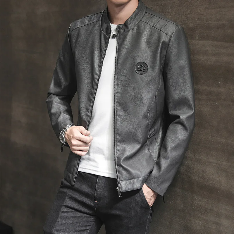 

2020 young men faux leather coat lapels new Leisure zipper trend of cultivate one's morality handsome leather jacke