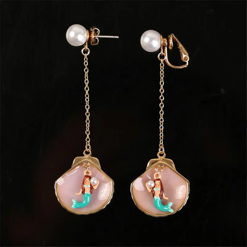 

New Mermaid Long Tassel Round Face Slimming Earrings Enamel Color Glaze Sequined Shell Pearl Sea Female Stud Earrings Earrings
