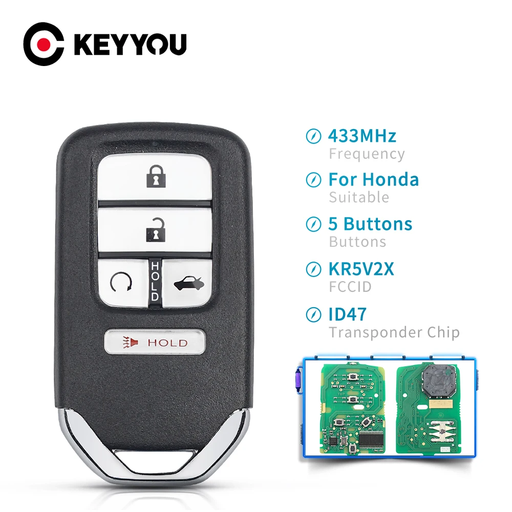 

KEYYOU For Honda Piot CR-V Civic 2016 2017 2018 Replacement Remote Car Key FCC ID KR5V2X 433MHz 5 Buttons ID47 Chip