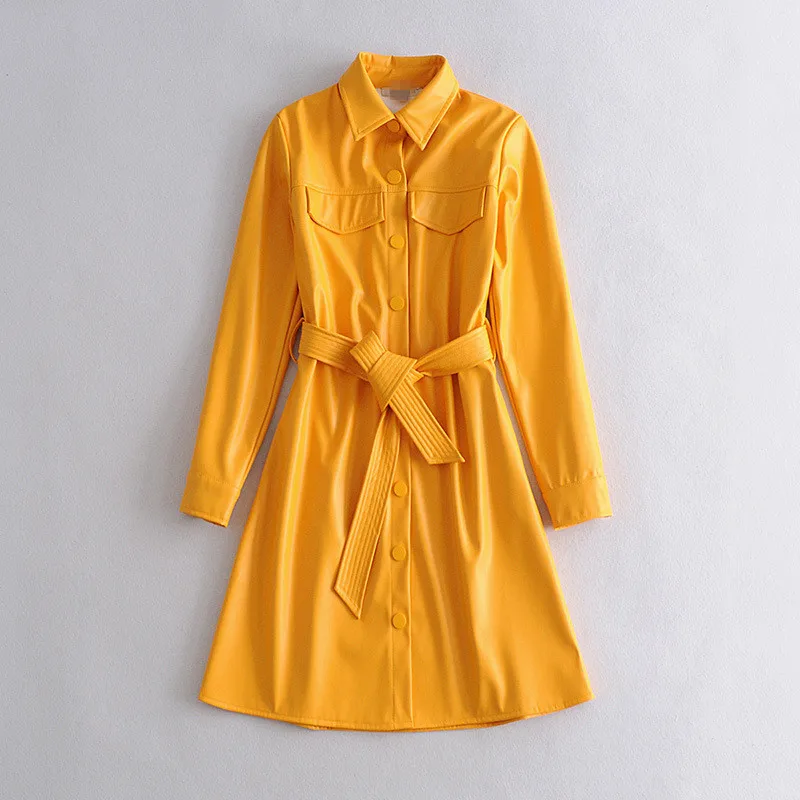 

Women PU Leather Shirt Dress with Belt Vintage Slim Long Sleeve Lapel Jacket Windbreaker Female AutumnBlack Trench Coat