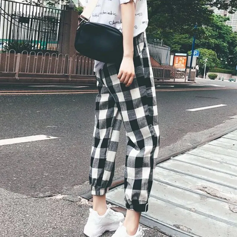 

Korean Style Plaid Print Pants Women Mid Waist Straight Harem Pants Fashion Casual Ankle-Length Pants 2020 New
