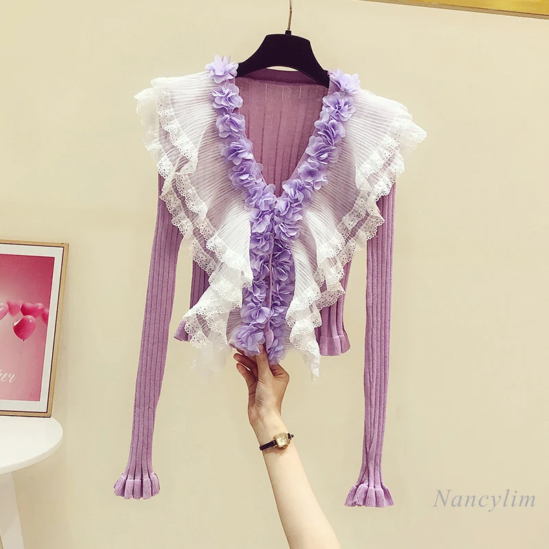 

Stretch Sweater Woman Slim Fit V Neck Three-Dimensional Flower Ruffled Knitted Top 2021 Autumn Winter New Jumper Lady Outwear