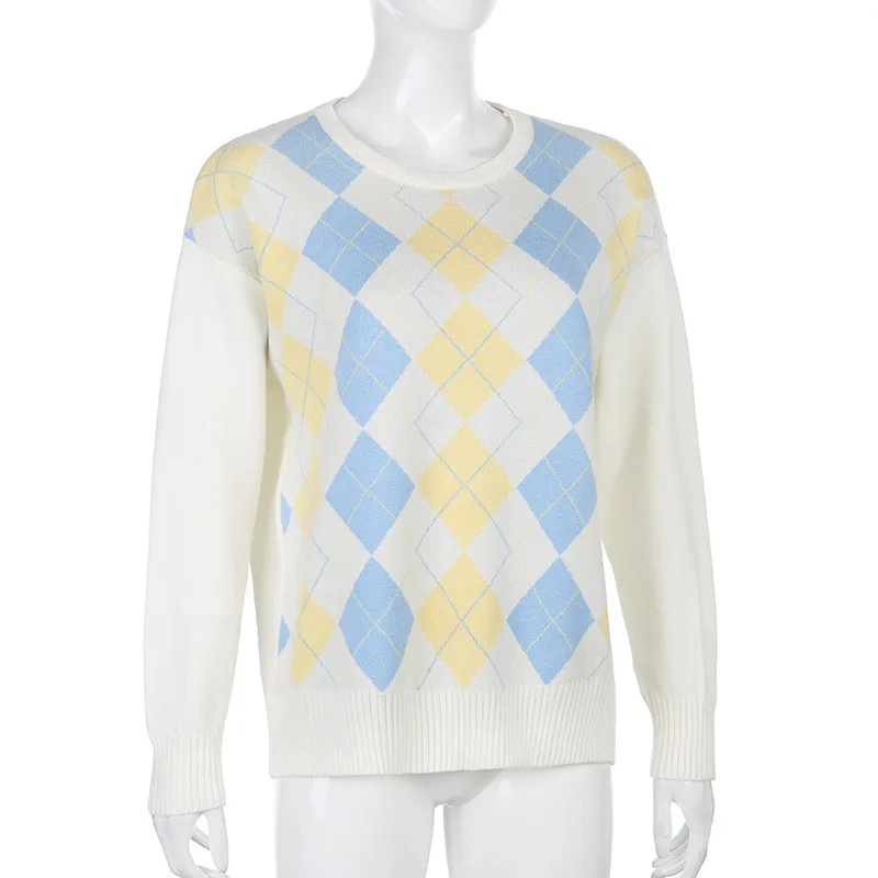 

F2020 Women's Sweater Pullover New Fashion Autumn Diamond-Shaped Lattice Cute British Style Top For Girls Casual Outfit