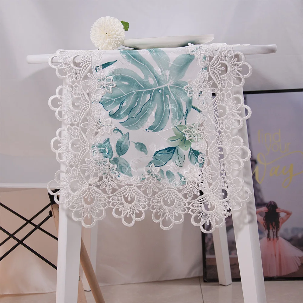 

Home Decorative White Color Creative Floral Jacquard Fabric Embriodered Lace Table Runner For Wedding Party Banquet