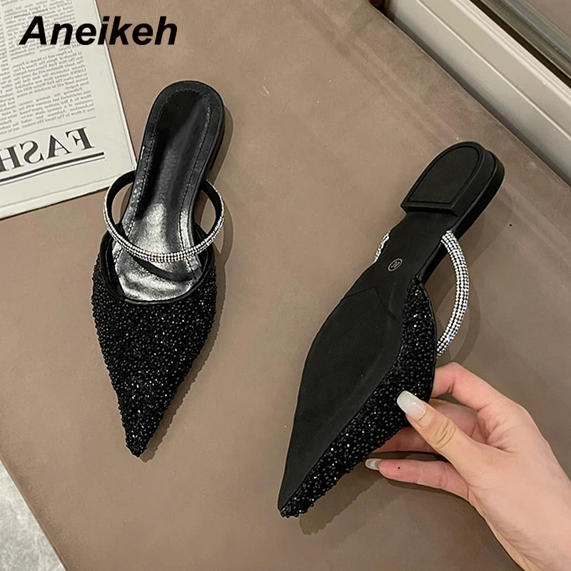 

Aneikeh 2021 NEW Fashion Summer Shallow Chain Bling Mary Jane Slippers Women's Square Heel ELEGANT Pointed Toe Slip-On Shoes