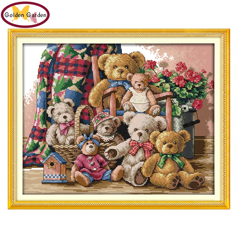 Картина для вышивки крестиком GG Bear Family с мультяшным принтом напечатанная на
