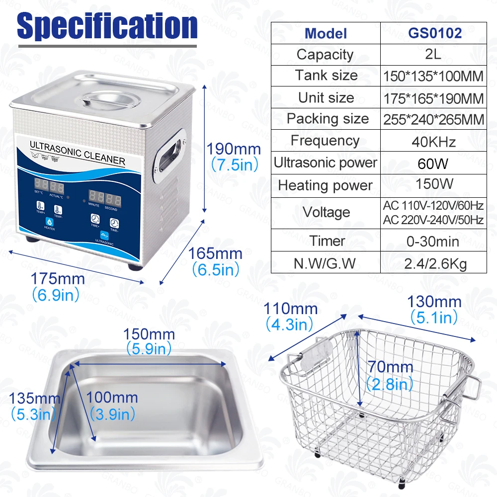Granbo 2L ультразвуковой очиститель 60 Вт Цифровой нагреватель дегазированный бак из