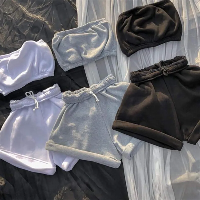 

Women's Tracksuit 2 Two Piece Sets Summer Workout Sports Shorts Sets Women's Clothing 2021 Tube Top Sportswear Casual Shorts
