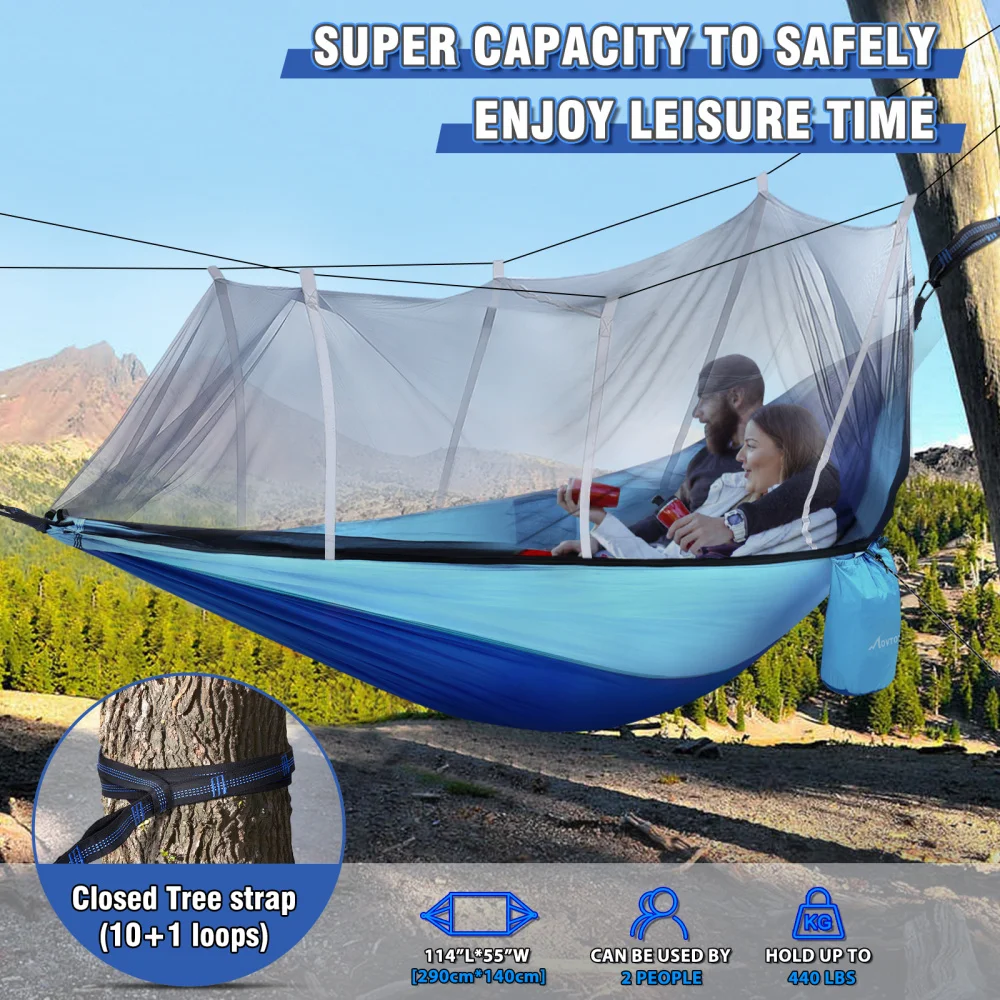 

MOVTOTOP 290 x 140 Camping Hammock with Removable Mosquito Net Lightweight Portable Hammock Outdoor Hanging Bed for Hiking Ba