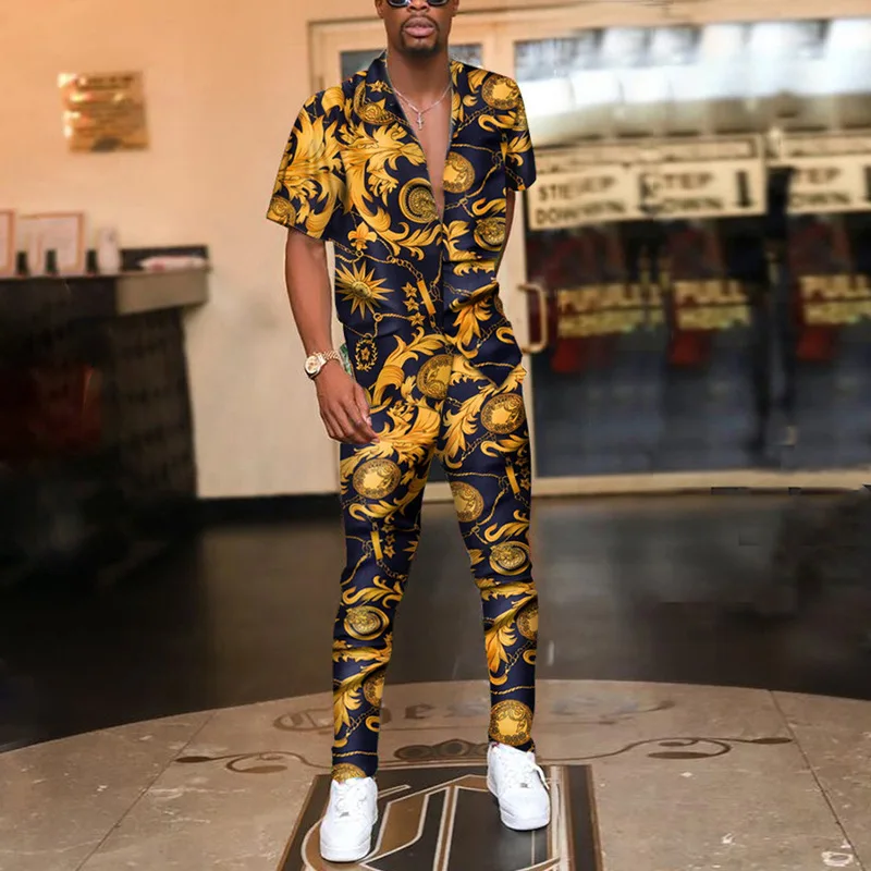

Summer Vintage Printed Mens Two Piece Sets Fashion Casual Short Sleeve Shirts And Long Pants Outfits Men 2021 Hipster Streetwear
