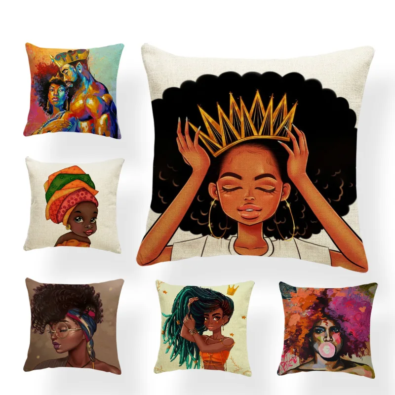 

Красивая Африканская принцесса декоративное искусство картина маслом диванная Подушка Чехол льняной Африканский стиль чехлы на подушки д...