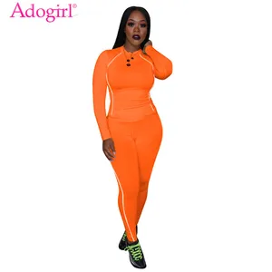 Adogirl флуоресцентная отделка сплошной Досуг комплект из двух предметов женский спортивный костюм футболка с длинным рукавом верхний Карандаш Брюки Женская спортивная одежда