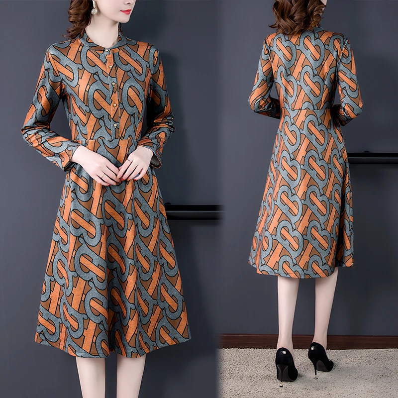

Женское Замшевое платье-миди с принтом, повседневное винтажное облегающее платье с длинным рукавом, весна-осень 2022