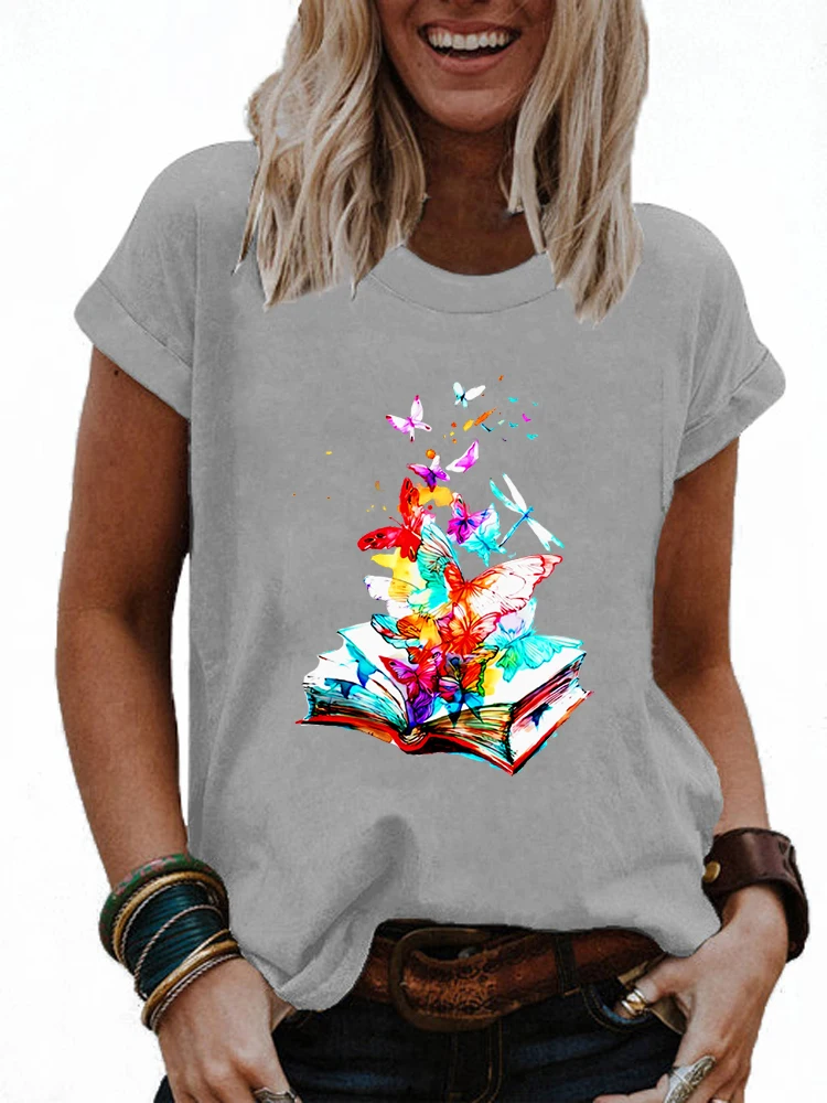 

Women Casual Round Neck Plus Size T-Shirt Loose Butterfly Book Printed Blouse Short-sleeved Shirt Tops