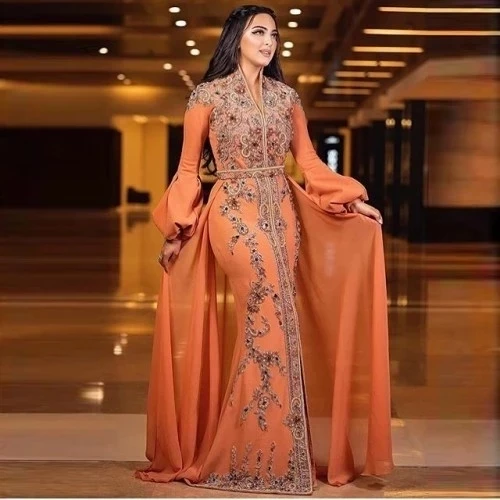 Марокканский кафтан вечерние платья Русалка с V-образным вырезом шифоновая