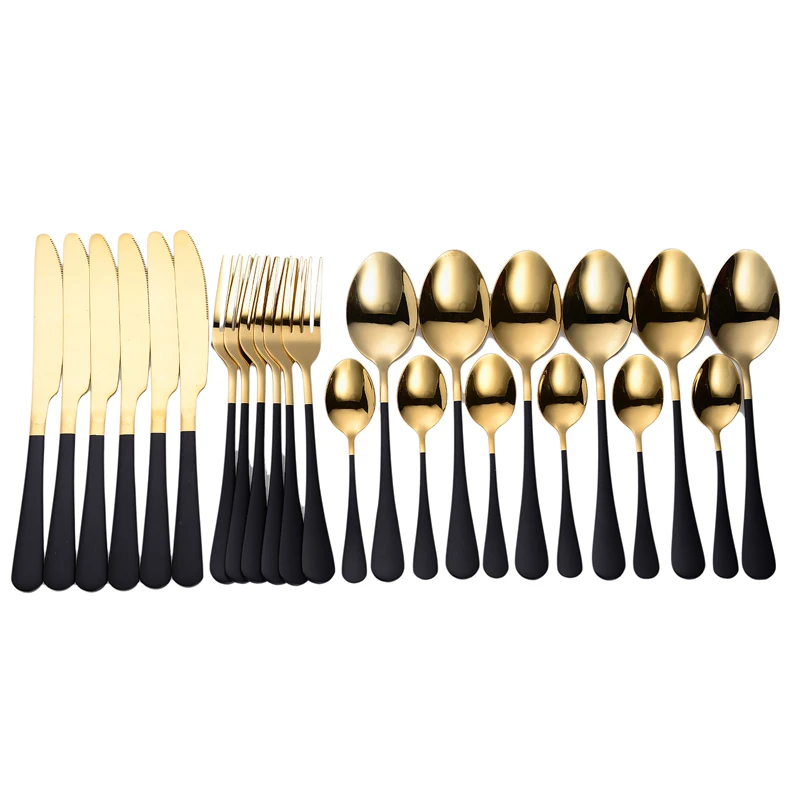New Tableware Forks Knives Spoons Stainless Steel Golden Cutlery Set Silverware Gold 24 Pcs Complete | Дом и сад
