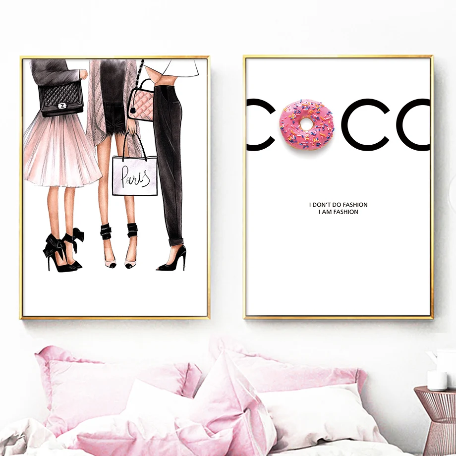 

Donuts Fashion Shopping Girl Illustration Wall Art Canvas Painting Nordic Posters And Prints Wall Pictures For Living Room Decor