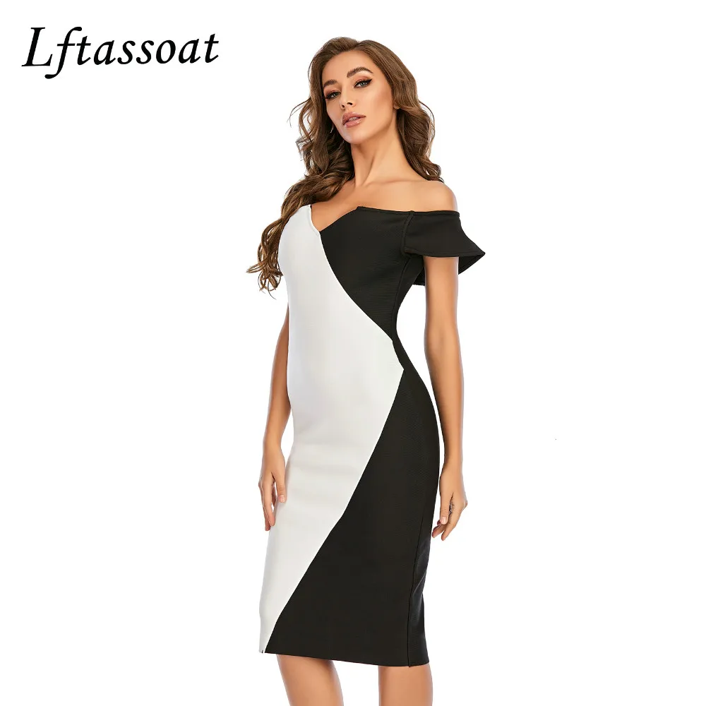 

Lftassoat New Summer Women Club Bandage Dress Sexy Off Shoulde White Black V Neck Elegant Celebrity Evening Party Runway Dresses