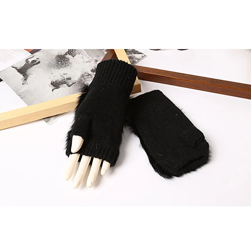 Women Rabbit. Fur Mitten Plush Glove Costume Cute Winter Warm Half Finger Gloves Women Female Gloves Mitten keep warm