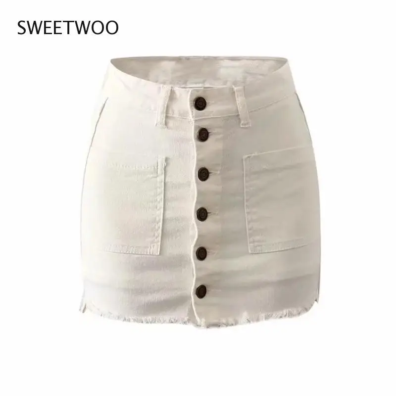 

Summer Women's High Waist Bag Hip Denim Skirt All-Match Ins Fashion Single-Breasted Pocket Mini Skirt Pants Stretch Slim Skirt