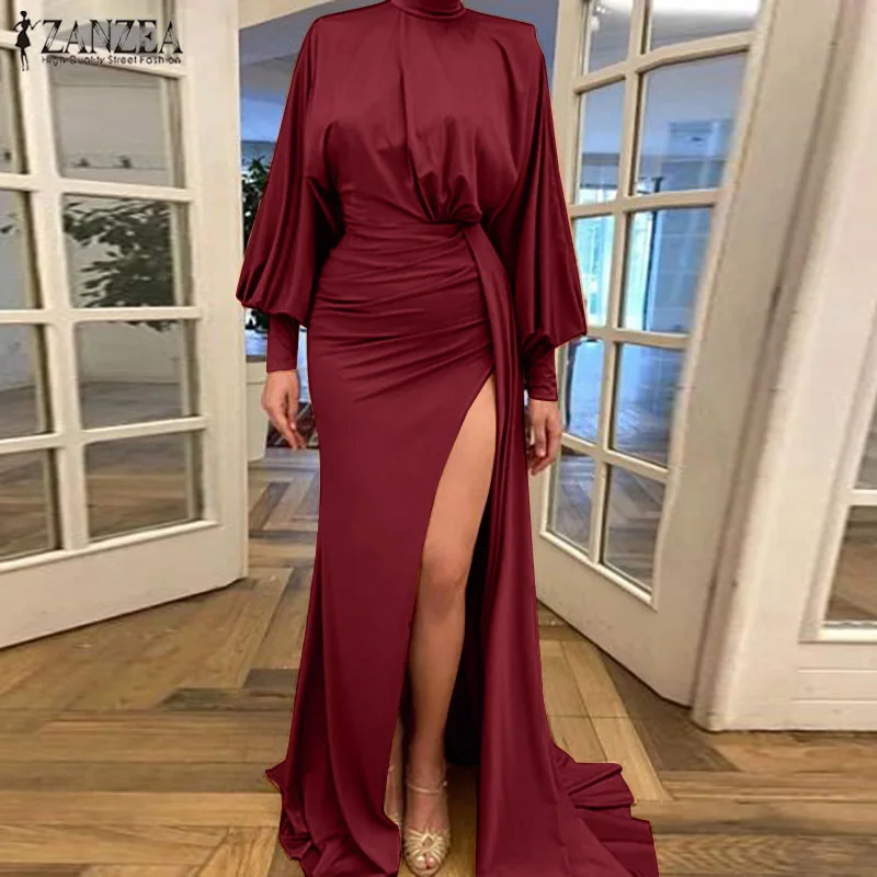 

ZANZEA Women Elegant Party Dress Autumn Long Lantern Sleeve Split Hem Maxi Vestidos Fashion Ladies Slim Long Sundress Robe Femme