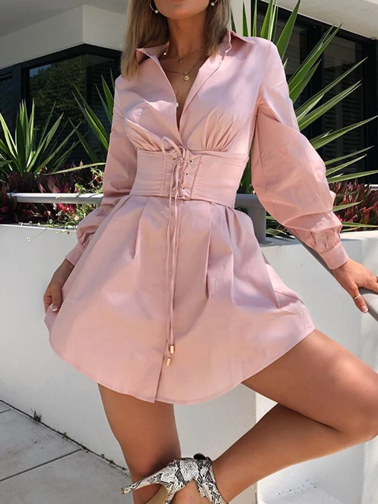 JillPeri Autumn Long Sleeve Shirt Dress with Corset Belt Solid Sexy Elegant Outfit Office Lady Street Wear Party Dress Set