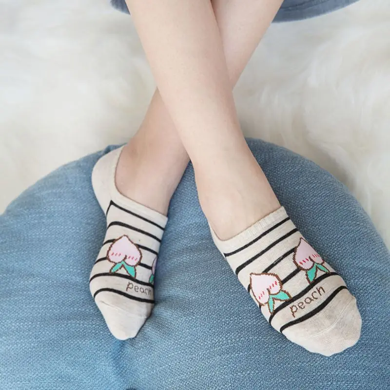 

Women Low Cut Invisible Boat Socks Cartoon Fruits Stripes Print Non-Slip Hosiery