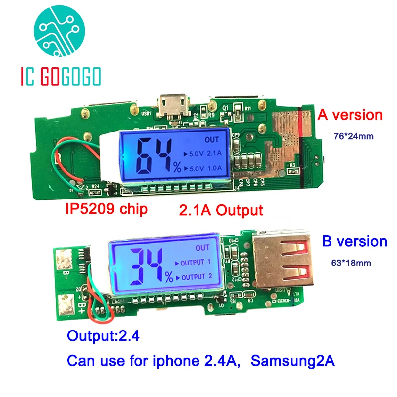 ЖК-дисплей зарядное устройство печатная плата DIY 18650 полимер Lipo Li-Ion 5V повышающий Повышающий Модуль питания PCB 2A 2.1A