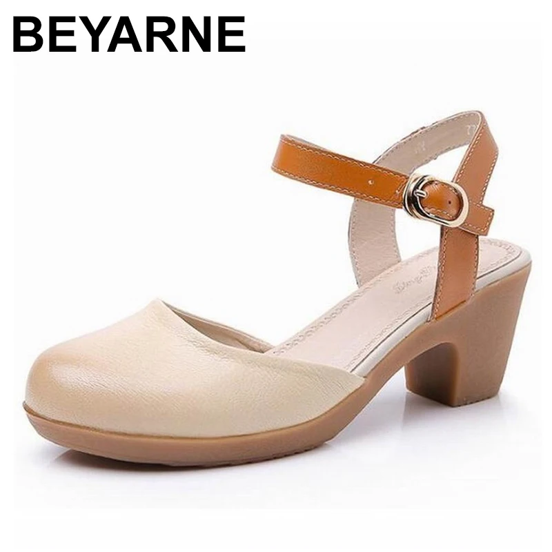 BEYARNE/женские летние босоножки Женские из натуральной кожи на каблуке с круглым