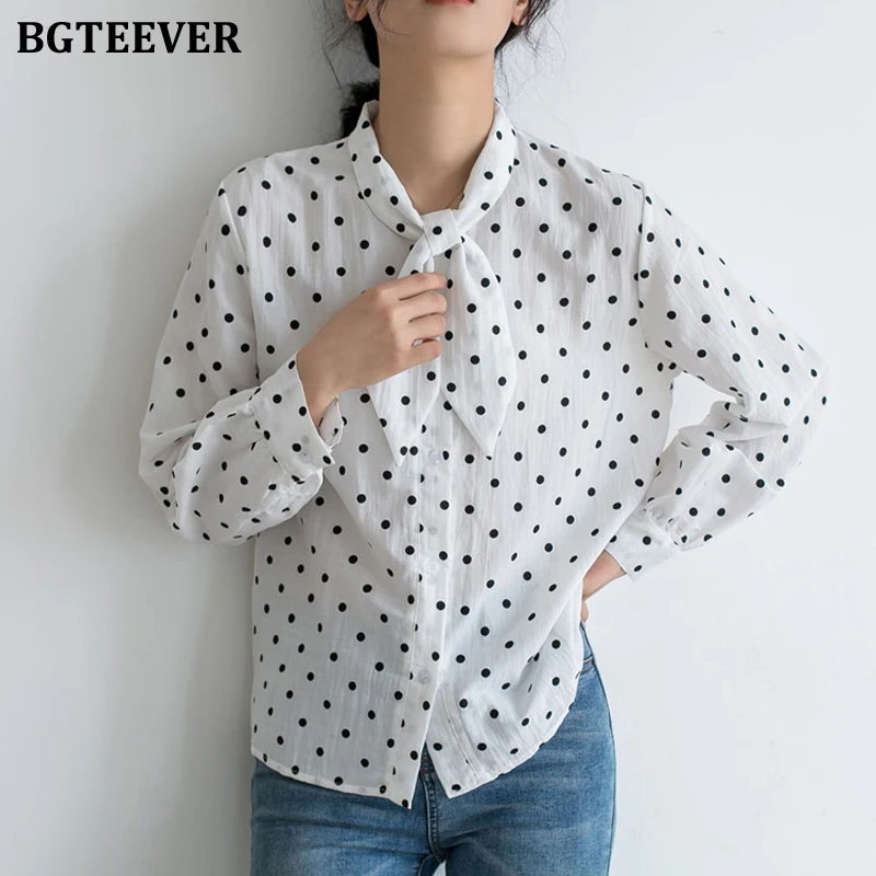 BGTEEVER Casual Bow Collar Dots Print Women Shirts Full Sleeve Single-breasted Female Shirt Blouses 2019 Tops Femme | Женская одежда
