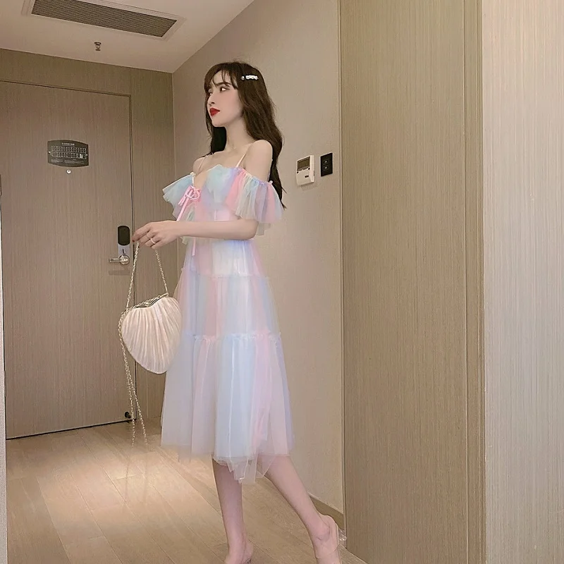 

2021Summer Women Lolita Party Dress V Neck Suspenders Rainbow Fairy Tulle Dress Kawaii Cute Pestal Mesh Tiered Dress