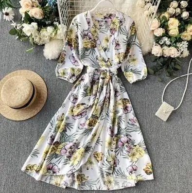 Color 2 Женские осенние шифоновые платья, корейский темперамент, летнее платье с принтом, сексуальный v-образный вырез, высокая талия, винтажное платье, женское платье с пышными рукавами - Цвет: Color 2