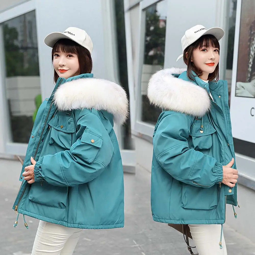 

FMFSSOM New 2020 Autumn Winte Loose Solid Cotton Padded Coat Jacket Women Large Fur Collar Hooded Parkas