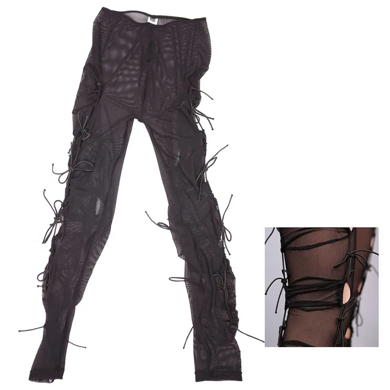 Женские сексуальные колготки в сеточку отверстие леггинсы шнурок черный