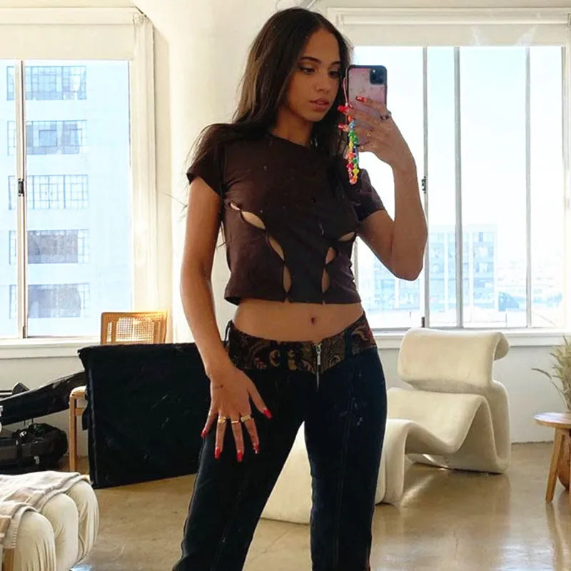 

E-girl Streetwear Hollow Out Short Sleeve Brown T-shirts Mall Goth Y2K O-neck Basic Crop Tops Punk Aesthetics Clothes
