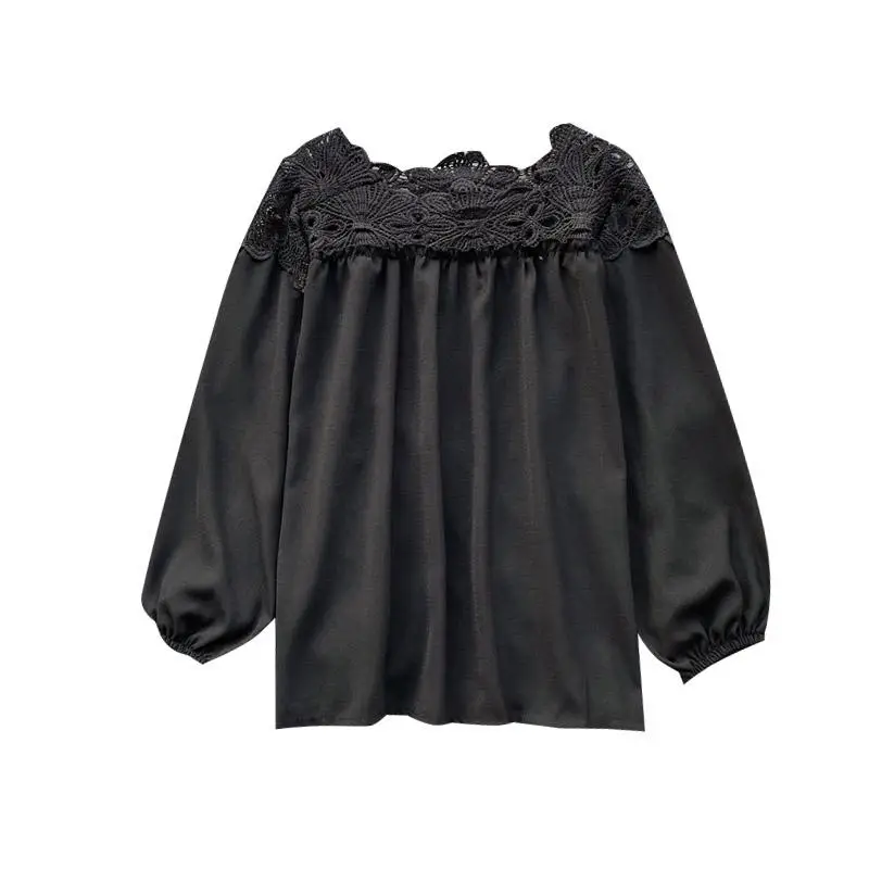 

Spring summer lace tops elegant office ladies shirt black white blouse femme casual solid long sleeve chiffon women blouse