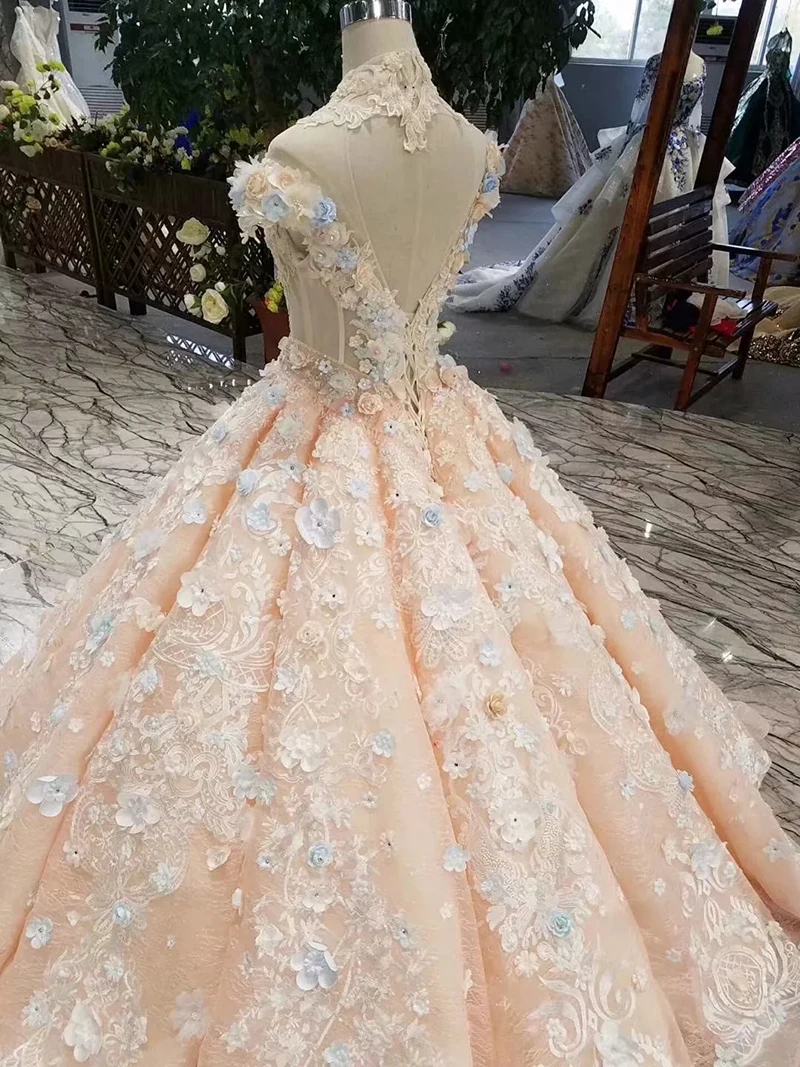 BGW 22913ht Girl Ball Gown Evening Dresses Floor Length Color Flowers High Neck Cap Sleeve Lace Up Back Prom Dresses Curve Shape