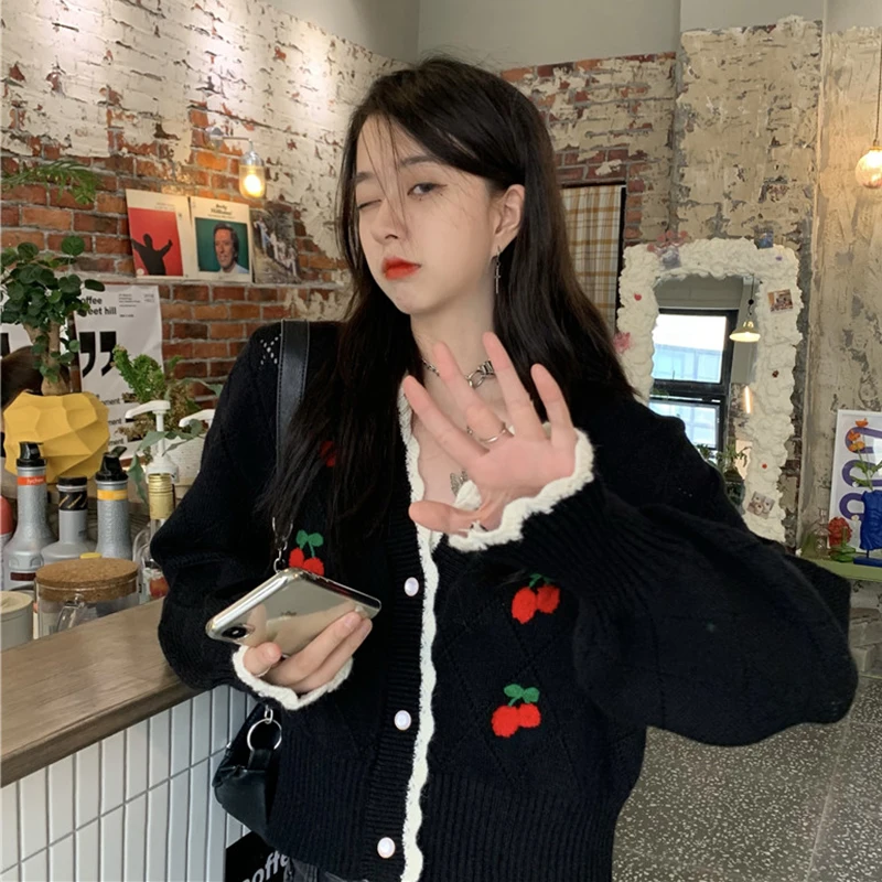 

Autumn Sweet Cherry Knitted Cardigans Embroidery Single Breasted Crop Tops Loose V-neck Long Sleeve Cardigans C247