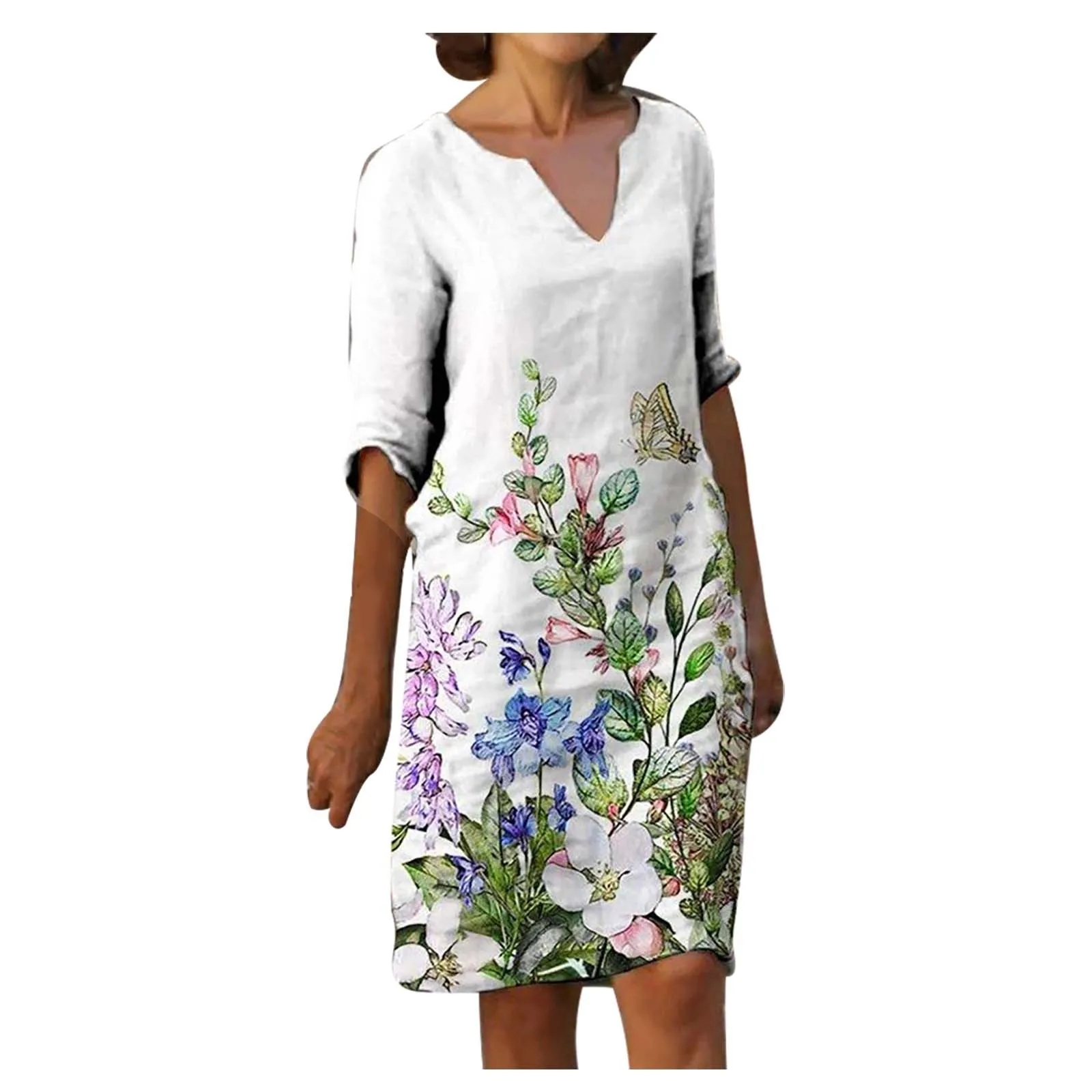 

67# Women's Casual Fashion Print V-neck Mid-sleeve Slim High-waisted Dress Beach Short Sleeve Dresses Summer Clothes For Women